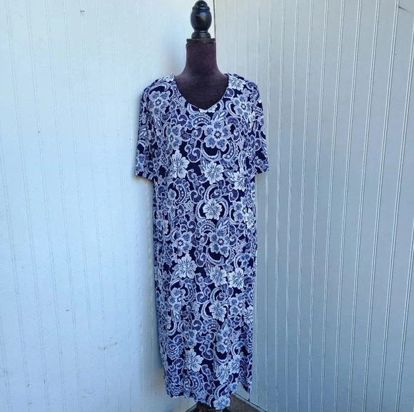 Ross Navy Blue White Textured Floral Stretch Tunic Short Sleeve Dress Midi XL - Picture 1 of 11